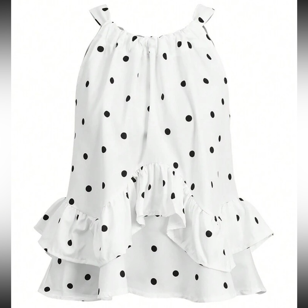 White Black Polka Dot Halter Top Blouse Shirt - Picture 3 of 3
